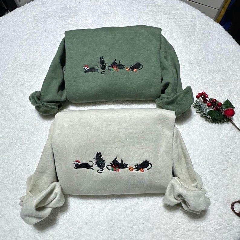 EMBROIDERED Christmas Cats Sweatshirt, Hoodie, Christmas embroidered sweatshirt, Xmas Gift for Her, Family Xmas Sweater, Embroidered  Sweatshirt Womenswear Tops Underwear Lady