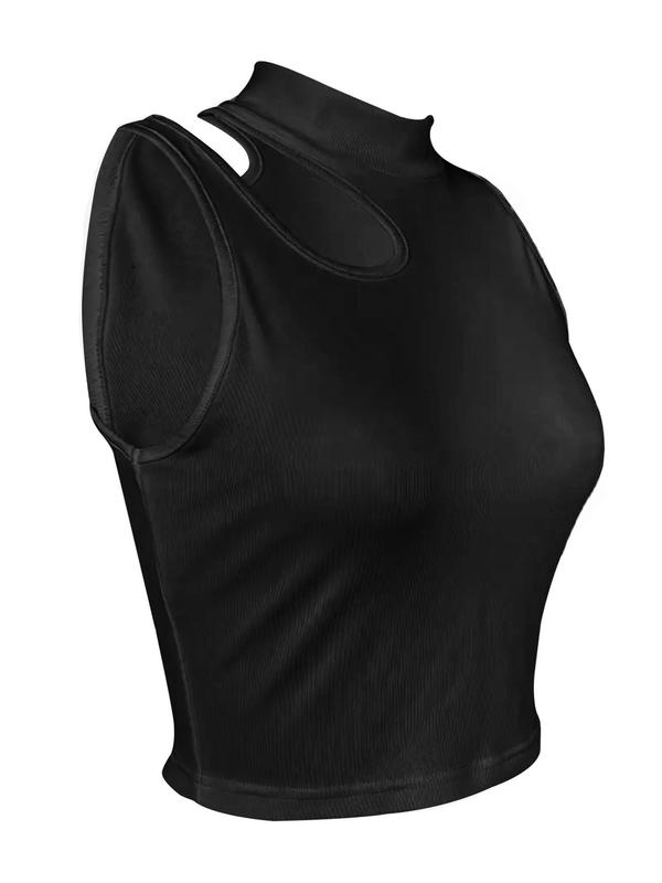 Women's Plain Cut Out Mock Neck Crop Tank Top, Casual Comfort Basic Minimalist Sleeveless Cropped Top for Summer, Back To School Clothes, Lady's Top for Daily Wear, Womenswear, 90s Clothes