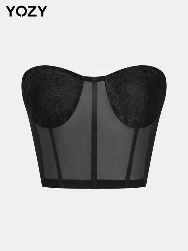 YOZY Women's Contrast Lace Sheer Crop Tube Top, Elegant Fashion Casual Sleeveless Strapless Top for Daily Outdoor Wear, Ladies Clothes for All Seasons