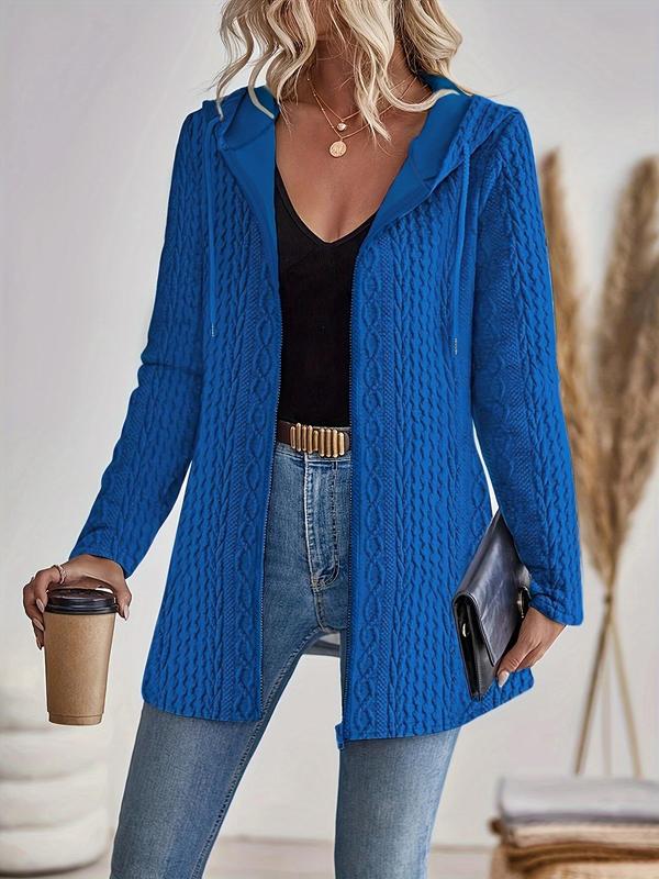 Women's Solid Drawstring Zip Up Hooded Jacket, Casual Long Sleeve Outerwear for Daily Wear, Ladies Clothes for All Seasons