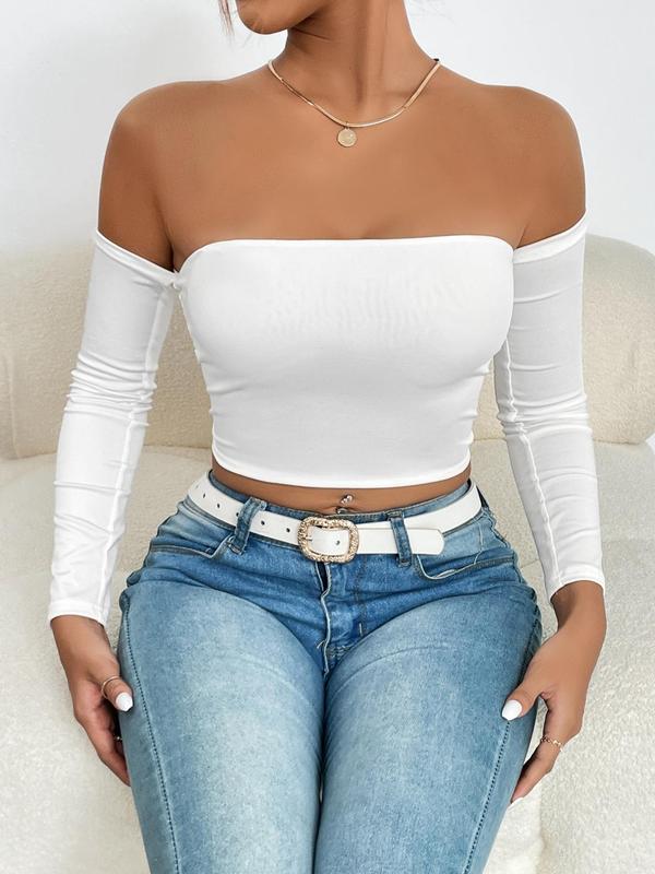 Women's Solid Off Shoulder Long Sleeve Crop Tee, Going Out Tops, Summer Clothes, Casual Tight Top for Spring & Fall, Clubbing Outfits, Lady Clothes for Daily Wear Downtown Girl Clothes