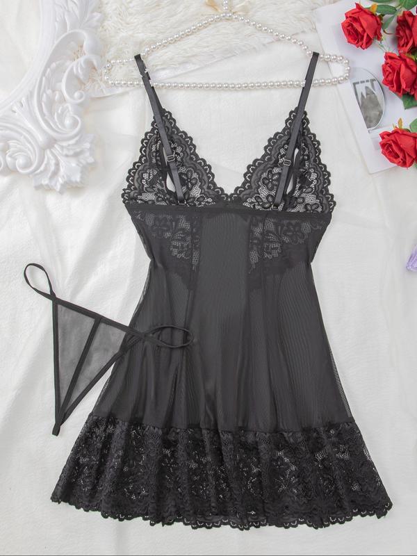 Women's Contrast Lace Cami Nightdress & Thong Two-Piece Set, Solid Spaghetti Strap Nightgown & Panty, Ladies Sleepwear for All Seasons