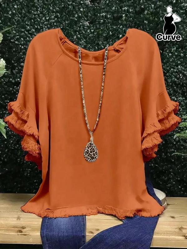  Fringe Trim Ruffle Layered Sleeve Tee, Summer Outfits 2024, Casual Short Sleeve Round Neck T-shirt for Summer, Summer Tops, Women's Plus Clothing for Daily Wear, 2000s Clothing, Black Girl Outfits