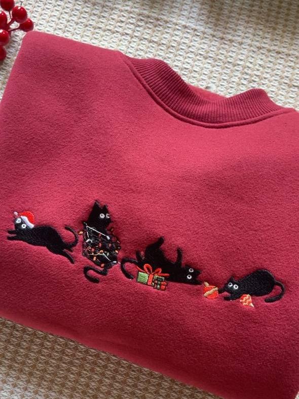 EMBROIDERED Christmas Cats Sweatshirt, Hoodie, Christmas embroidered sweatshirt, Xmas Gift for Her, Family Xmas Sweater, Embroidered  Sweatshirt Womenswear Tops Underwear Lady