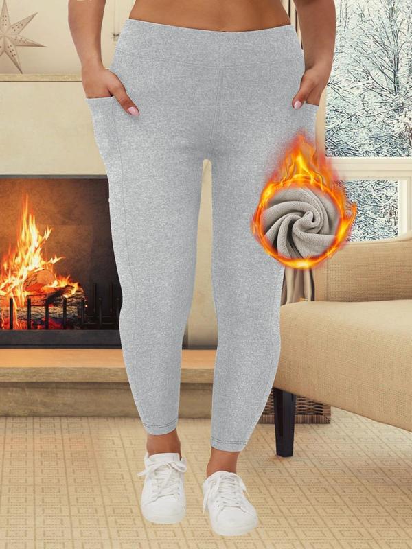  Solid High Waist Pocket Thermal Lined Leggings, Casual Comfy Warm Skinny Pants for Women, Women's Bottoms for Fall & Winter