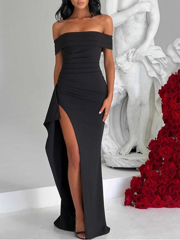 Women's Off The Shoulder Ruched Split Thigh Bodycon Dress, Elegant Solid Color Maxi Dress for Party Evening, Ladies Summer Clothes