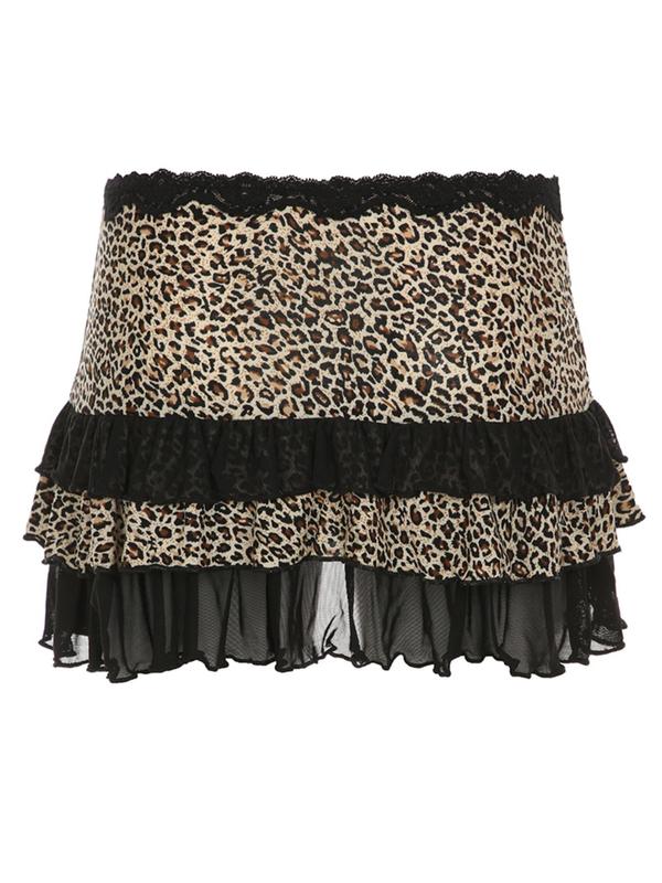Women's Leopard Contrast Lace Tiered Layer Skirt, Vintage Fashion Casual Mini Skirt for Daily Outdoor Wear, Women Bottoms for Fall & Winter