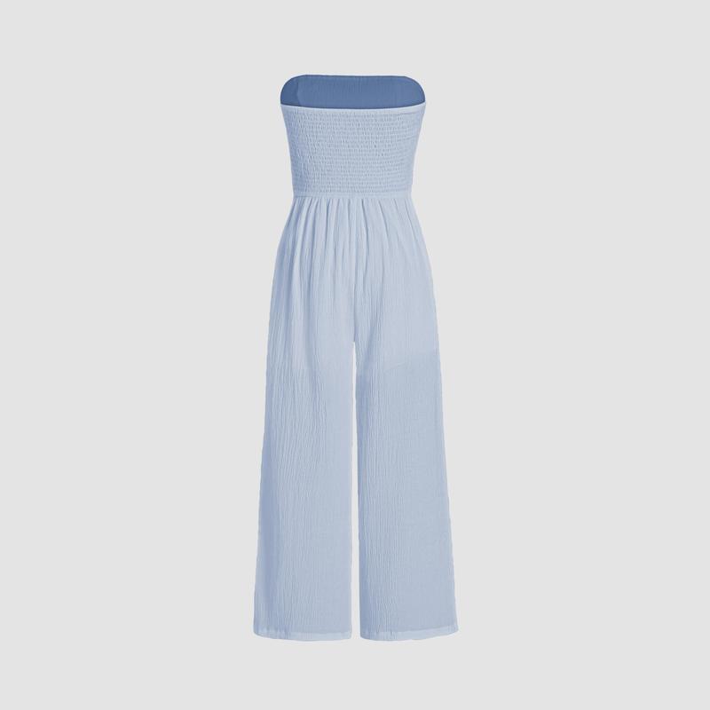 Cider [6 colors, size 0-26] Texture Ruched Tube Wide Leg Jumpsuit