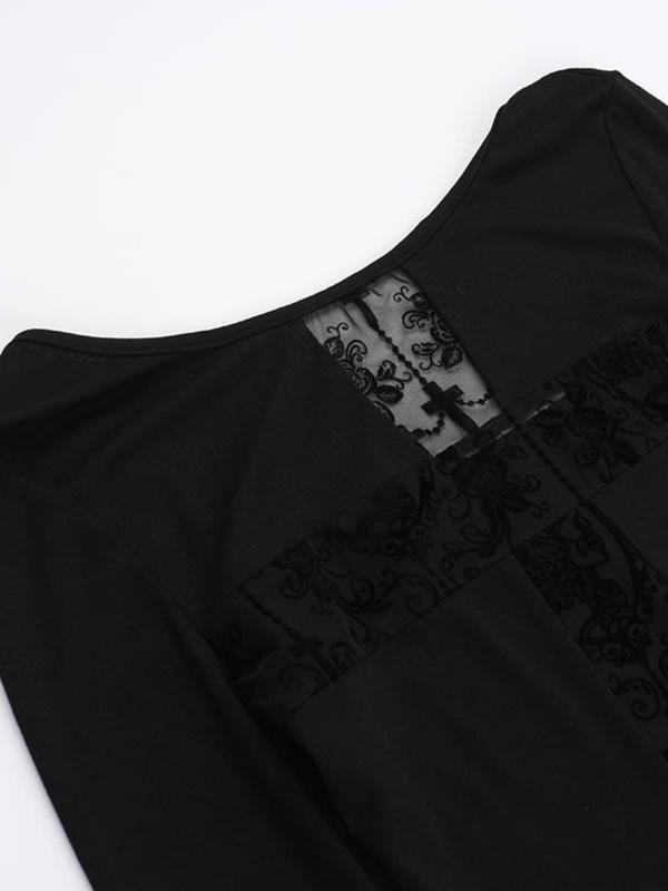 Women's Off Shoulder Cross Print Contrast Lace Tee, Casual Sheer Long Sleeve T-shirt for Fall, Women's Clothing for Daily Wear