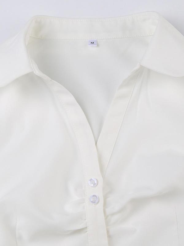 Women's Plain Button Front Shirt, Casual Ruched Tie Back Tops for Women, Ladies Clothes for All Seasons, Holiday Outfits, Comfort Womenswear, Lady Blouse, Downtown Girl Clothes, Preppy 80s Clothes