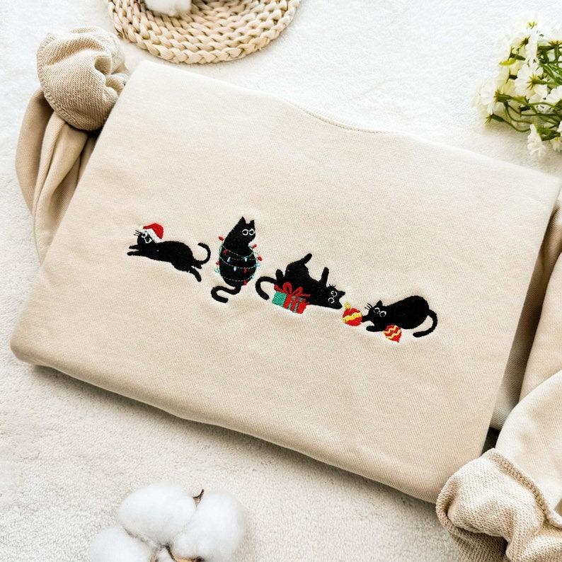EMBROIDERED Christmas Cats Sweatshirt, Hoodie, Christmas embroidered sweatshirt, Xmas Gift for Her, Family Xmas Sweater, Embroidered  Sweatshirt Womenswear Tops Underwear Lady