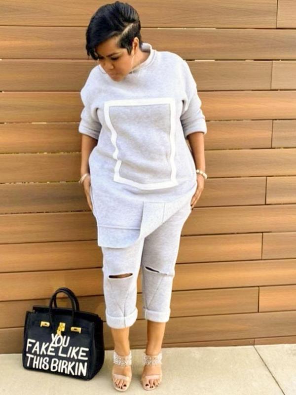 Two-Piece Set Women's Geometric Print Drop Shoulder Sweatshirt & Cut Out Pants, Casual Fashion Cozy Asymmetrical Hem Long Sleeve Pullover & Elastic Waist Pants for Daily Wear, Women's Two-piece Outfits for Fall & Winter
