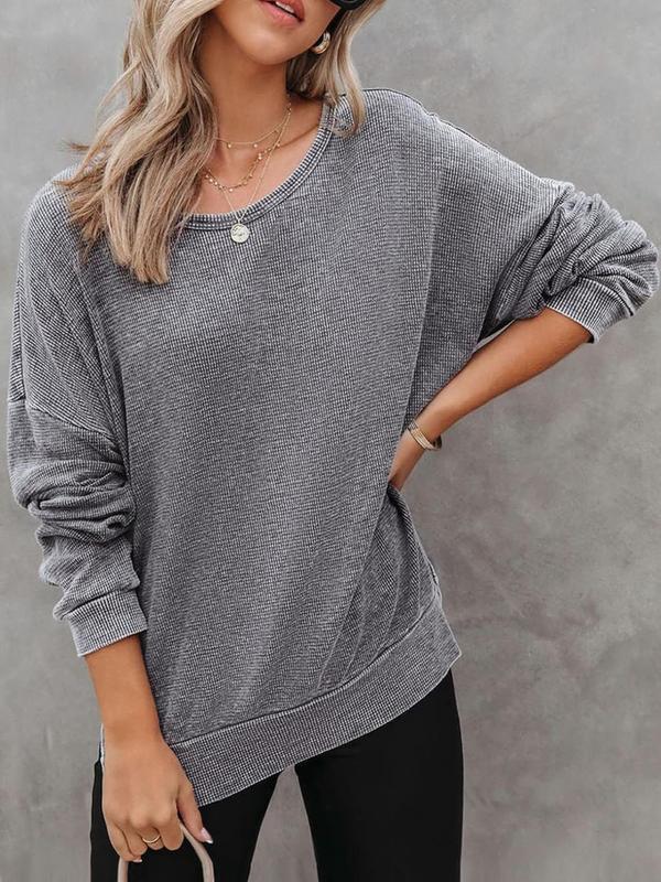 Women's Plain Split Hem Waffle Knit Sweatshirt, Casual Drop Shoulder Long Sleeve Pullover for Fall & Winter, Women's Clothing for Daily Wear