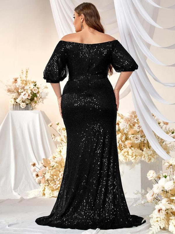 Plus Size Glitter Sequin Off Shoulder Ruched Mermaid Dress  for Christmas, Dress for Women, Elegant Lantern Sleeve Maxi Evening Party Gown, Dresses for Summer, Women's Summer Clothes