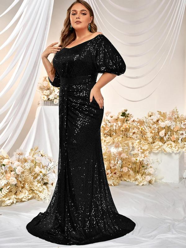 Plus Size Glitter Sequin Off Shoulder Ruched Mermaid Dress  for Christmas, Dress for Women, Elegant Lantern Sleeve Maxi Evening Party Gown, Dresses for Summer, Women's Summer Clothes