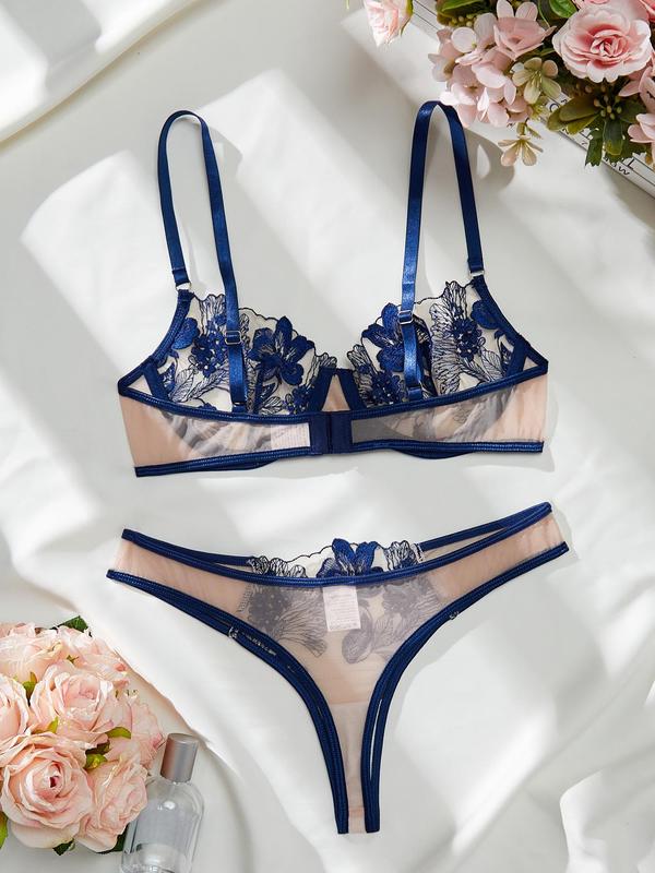 Women's 2pcs Floral Embroidery Sexy Lingerie Set, Lady Comfort Adjustable Strap Bra & Sheer Panty Two-Piece Underwear Set, Womenswear, Women's Lingerie & Underwear For All Seasons