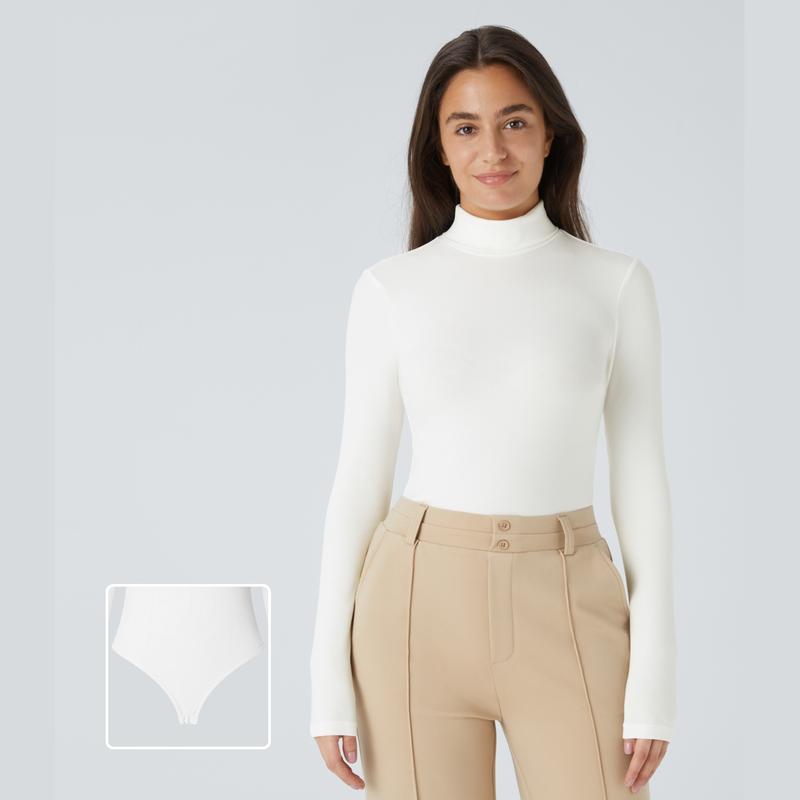 Halara Ribbed Knit High Neck Long Sleeve Button Work Bodysuit