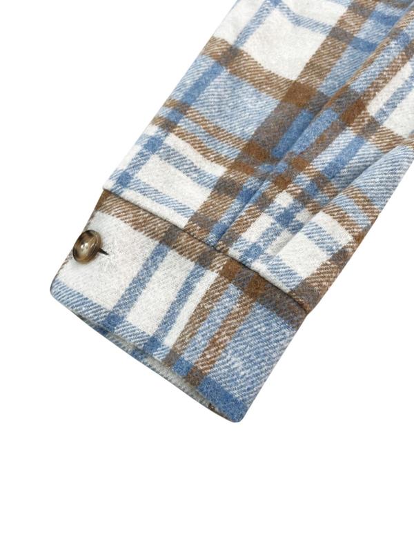 Women's Plaid Print Button Front Drop Shoulder Coat, Casual Long Sleeve Collared Outerwear for Fall & Winter, Ladies Clothes for Daily Wear