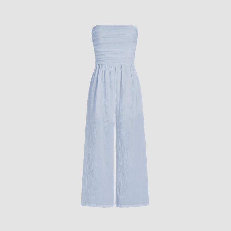 Cider [6 colors, size 0-26] Texture Ruched Tube Wide Leg Jumpsuit