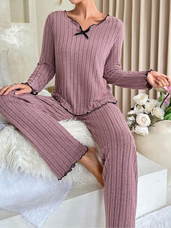 Two-Piece Set Women's Solid Lettuce Trim Ribbed Pajama Set, Casual Bow Decor Long Sleeve Top & Elastic Waist Pants PJ Set, Women's Sleepwear for Spring & Fall