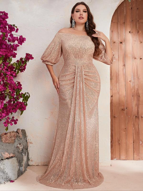 Plus Size Glitter Sequin Off Shoulder Ruched Mermaid Dress  for Christmas, Dress for Women, Elegant Lantern Sleeve Maxi Evening Party Gown, Dresses for Summer, Women's Summer Clothes