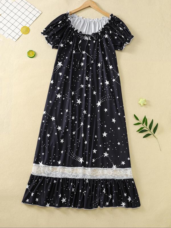 Women's All Over Galaxy Print Contrast Lace Ruffle Hem Nightdress, Casual Soft Comfortable Tie Front Puff Sleeve Nightgown for All Seasons, Ladies Sleepwear for Daily Wear