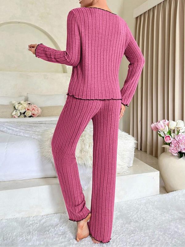 Two-Piece Set Women's Solid Lettuce Trim Ribbed Pajama Set, Casual Bow Decor Long Sleeve Top & Elastic Waist Pants PJ Set, Women's Sleepwear for Spring & Fall