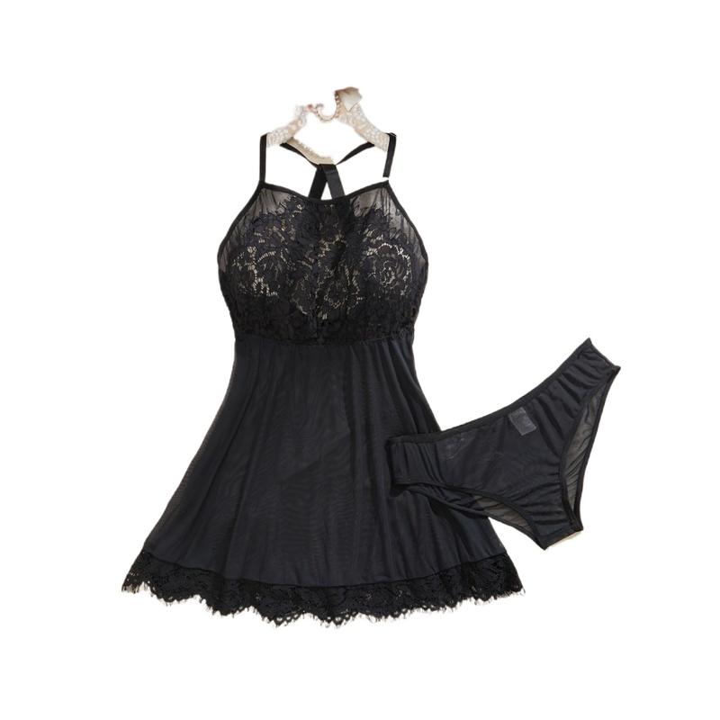 Plus Size Sexy Lingerie Dress Set, Women's Hot Floral Lace Scalloped Trim Halter Mesh Dress With Panty Lingerie 2 Piece Set