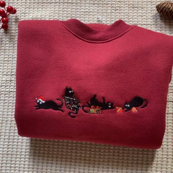 EMBROIDERED Christmas Cats Sweatshirt, Hoodie, Christmas embroidered sweatshirt, Xmas Gift for Her, Family Xmas Sweater, Embroidered  Sweatshirt Womenswear Tops Underwear Lady