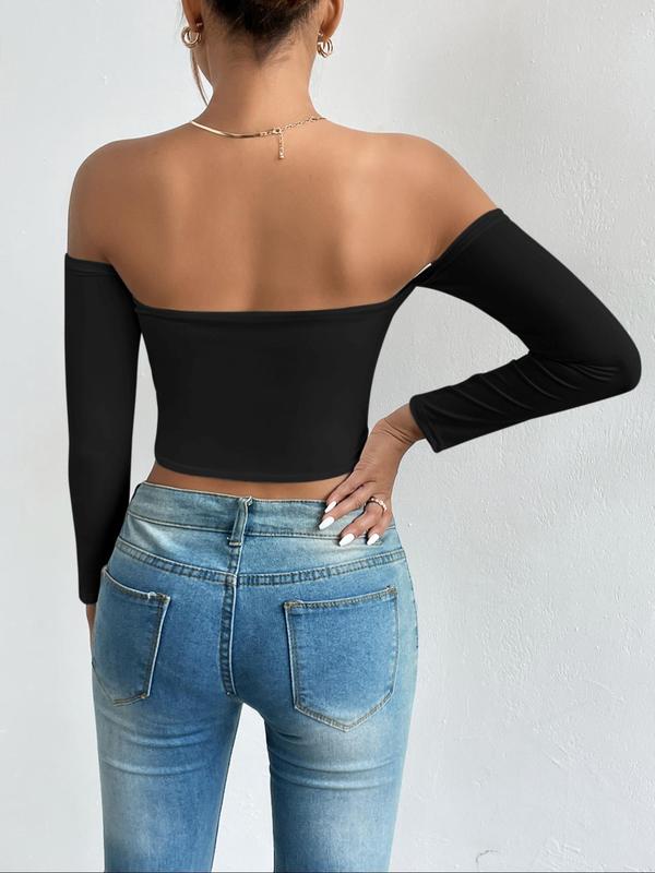 Women's Solid Off Shoulder Long Sleeve Crop Tee, Going Out Tops, Summer Clothes, Casual Tight Top for Spring & Fall, Clubbing Outfits, Lady Clothes for Daily Wear Downtown Girl Clothes