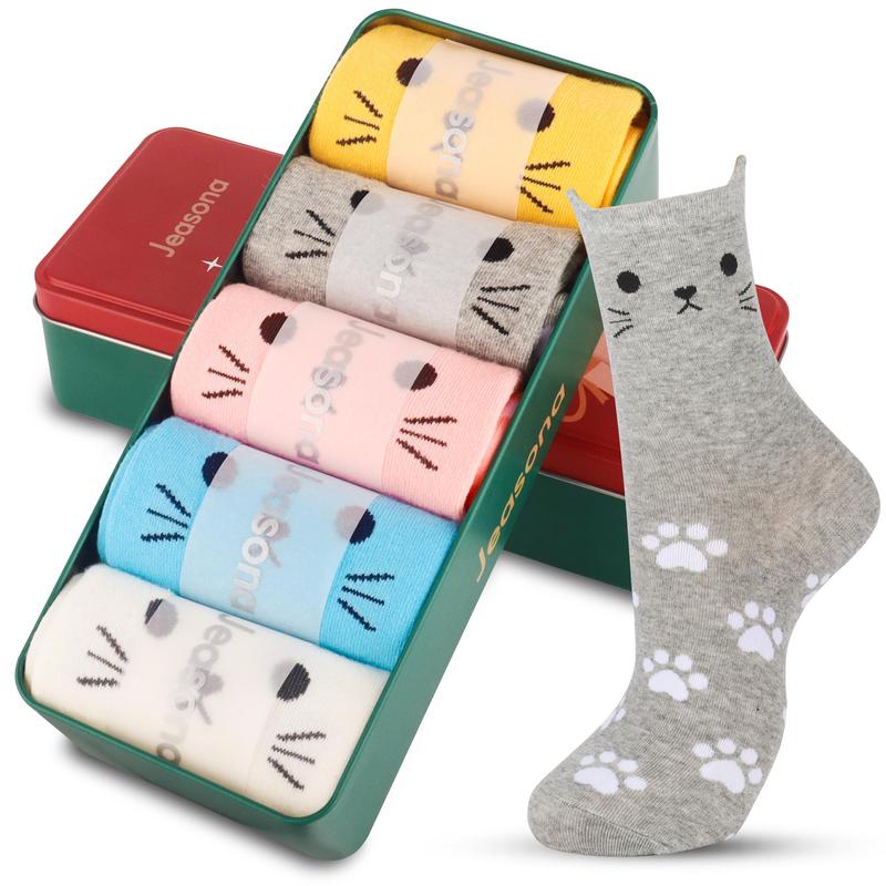 5 Pairs Women's Cat Socks Cat Gifts for Cat Lovers Cat Mom Gifts Cat Gifts for Women Teenage Girls Fabric Womenswear