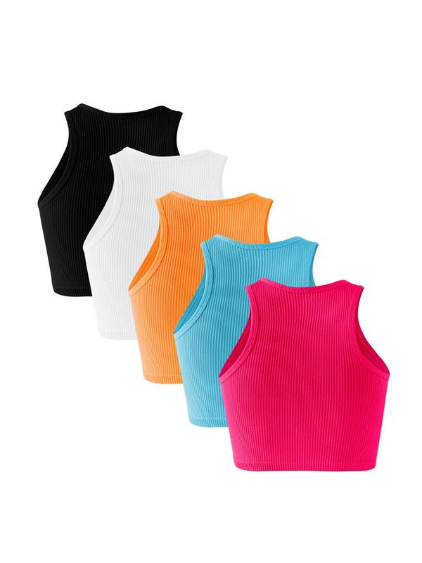 Women's Solid Ribbed Crop Tank Top,  Cute Crop Tops, Casual Sleeveless Round Neck Crop Top for Daily Wear, Ladies Clothes for All Seasons