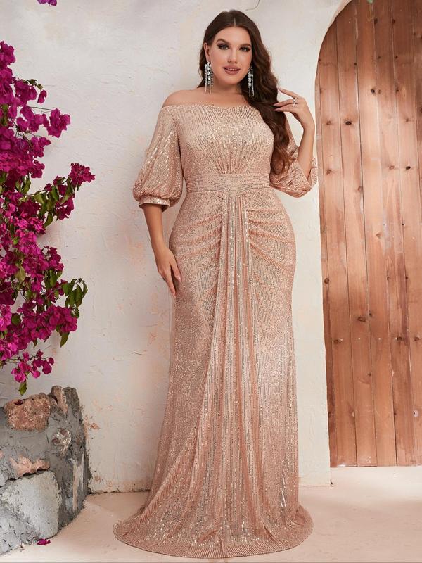Plus Size Glitter Sequin Off Shoulder Ruched Mermaid Dress  for Christmas, Dress for Women, Elegant Lantern Sleeve Maxi Evening Party Gown, Dresses for Summer, Women's Summer Clothes
