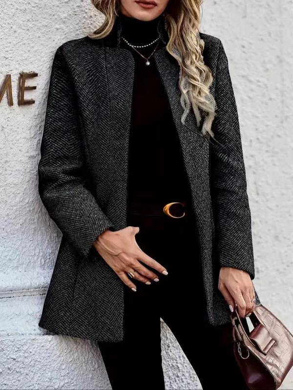 Women's Solid Color Stand Collar Open Front Jacket, Casual Long Sleeve Outerwear for Fall & Winter, Women's Clothing for Daily Wear