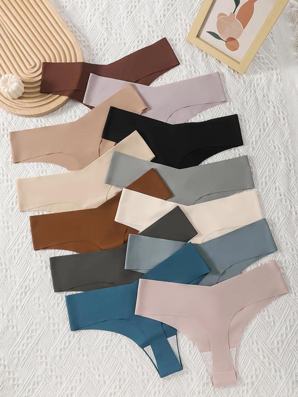 Women's 12pcs Solid Color Thongs, Casual Breathable Comfortable Knicker for Daily Wear,  Underwear for Women, Ladies Underwear for All Seasons