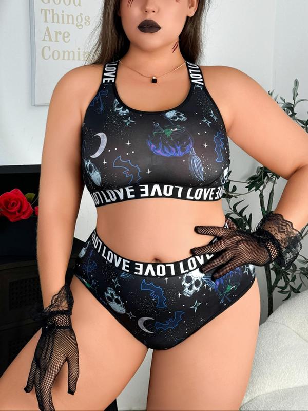  Two-piece Set Push Up Bra & Panty, Halloween Themed Criss Cross Scoop Neck Bra & Panty Set, Underwear for Women, Women's Lingerie Set for All Seasons