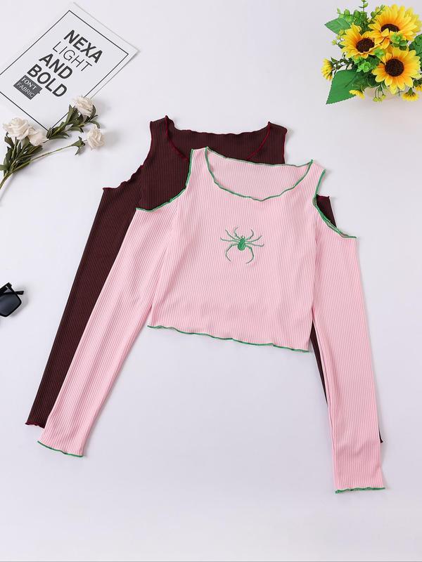 Women's Spider Embroidery Lettuce Trim Cold Shoulder Crop Tee, Y2K Trendy Long Sleeve Cut Out T-shirt for Daily Wear, Ladies Clothes for All Seasons