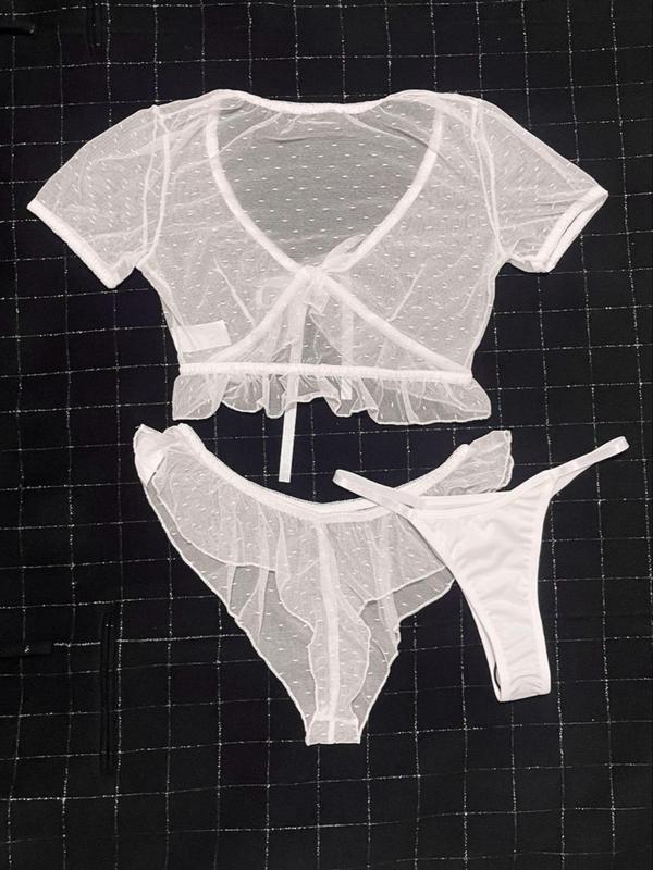 Women's Bow Decor Tulle Lingerie Three-Piece Set, Romantic Asymmetrical Hem Ruffle Trim Crop Top & Sheer Thong & Plain Thong Set, Women's Lingerie & Underwear for All Seasons