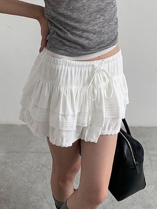 Women's Solid Drawstring Waist Lace Trim Tiered Layer Skirt, Casual Short Skirt for Summer, Women's Bottoms for Daily Wear