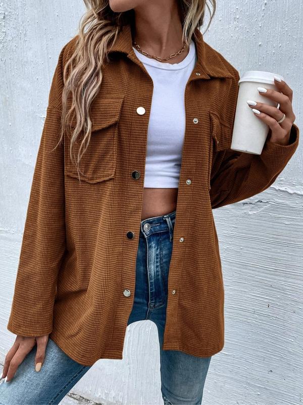  Solid Button Front Pocket Drop Shoulder Coat, Casual Long Sleeve Collared Outerwear Jackets for Fall & Winter, Women's Clothes for Daily Wear for Christmas