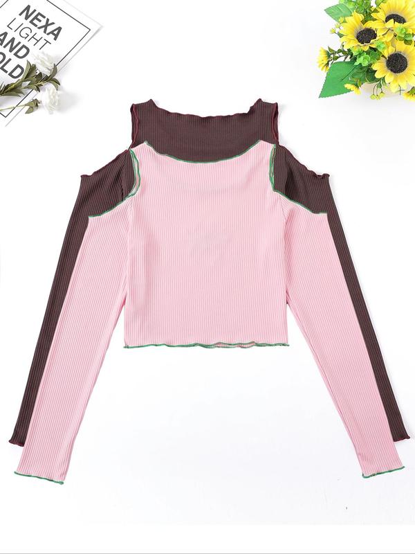 Women's Spider Embroidery Lettuce Trim Cold Shoulder Crop Tee, Y2K Trendy Long Sleeve Cut Out T-shirt for Daily Wear, Ladies Clothes for All Seasons