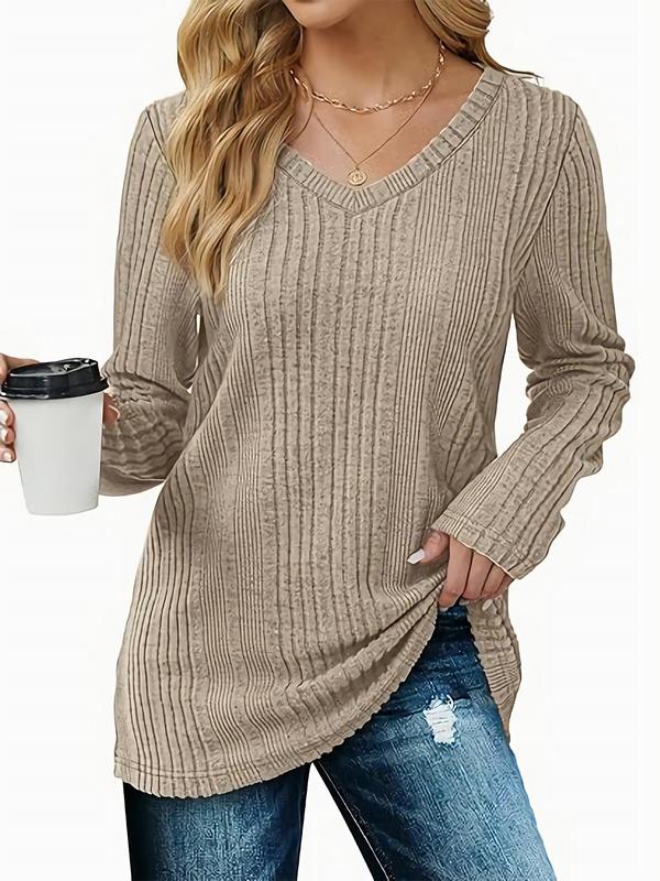 Women's Solid Color Print V Neck Ribbed Sweater, Casual Long Sleeve Jumper for Fall & Winter, Fashion Ladies' Knitwear for Daily Wear