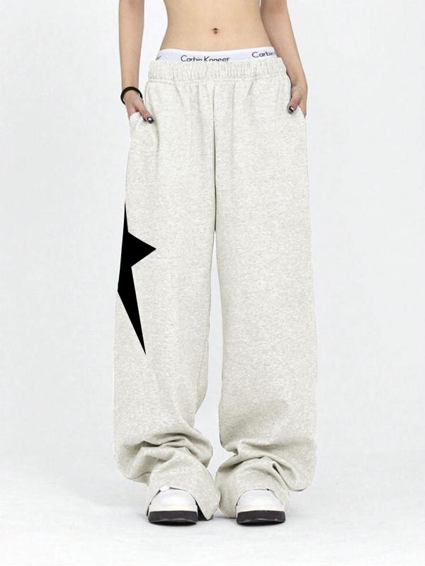 Women's Star Print Elastic Waist Wide Leg Sweatpants, Street Y2K Fashion Casual Pocket Trousers for Daily Wear, Pants for Women, Ladies Fall & Winter Trousers