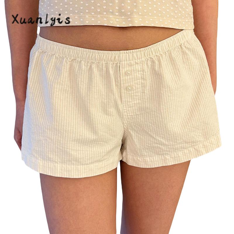 Women's Lounge Shorts Casual Loose Fitting Elastic Waist Floral Short Pants for Summer Lady Womenswear Bottom Plaid