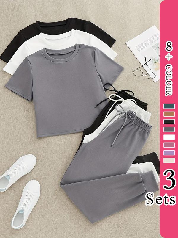 Women's Solid Short Sleeve Tee & Drawstring Pants Lounge Sets, Summer Clothes, Halloween Print Lounge Sets, Back-to-school Clothing, Sleepwear for Women, Nightwear Sets, Halloween Pajamas, Summer Wear 2024, Black Girl Wear