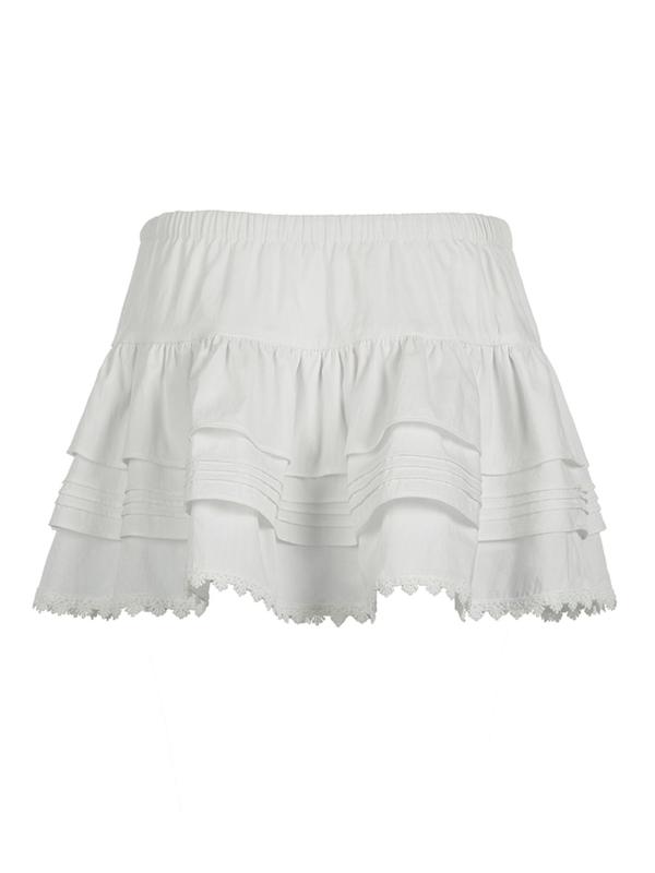 Women's Solid Drawstring Waist Lace Trim Tiered Layer Skirt, Casual Short Skirt for Summer, Women's Bottoms for Daily Wear