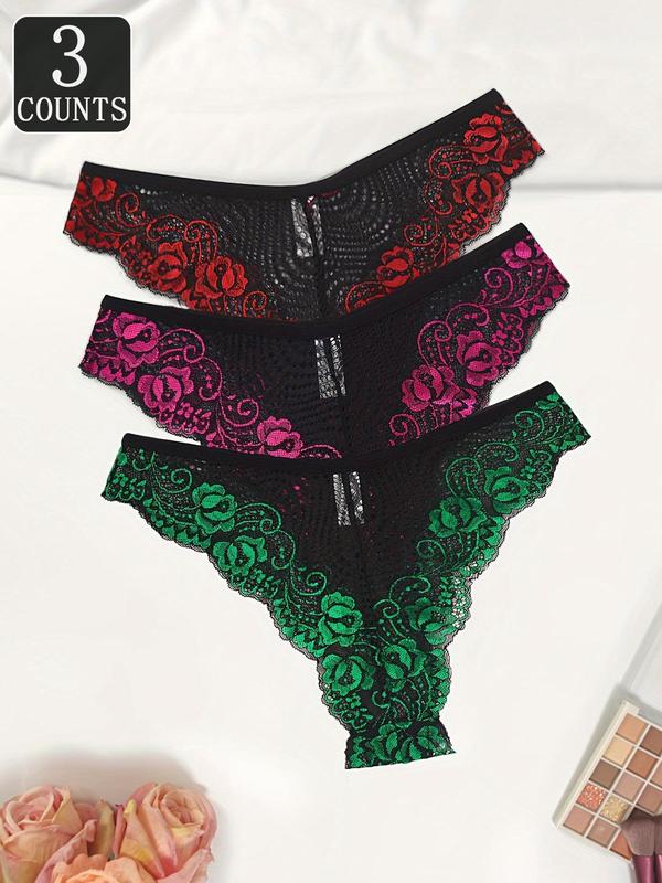 Women's Floral Lace Scallop Trim Thong, Casual Soft Comfy Breathable Hollow Out Knicker for Daily Wear, Ladies Underwear for All Seasons