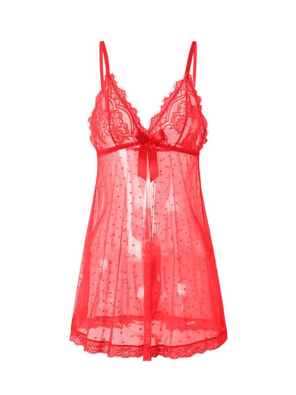 Women's Polka Dot Print Bow Decor Sheer Tulle Sexy Lingerie Nightdress, Sexy Elegant Backless Nightgown, Women's Lingerie & Underwear for All Seasons