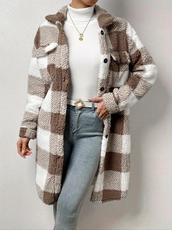 Women's Plaid Print Button Front Long Fleece Jacket, Casual Drop Shoulder Long Sleeve Pocket Outerwear for Fall & Winter, Women's Clothing for Daily Wear, Winter Clothes Women