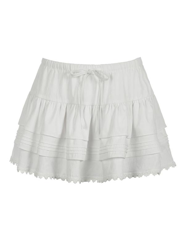 Women's Solid Drawstring Waist Lace Trim Tiered Layer Skirt, Casual Short Skirt for Summer, Women's Bottoms for Daily Wear